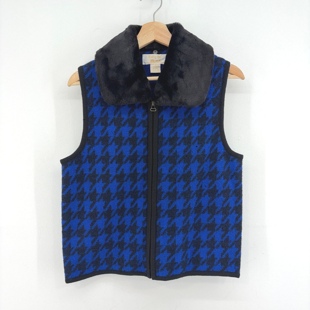 Tally-Ho Vintage Boiled Wool Vest Houndstooth Blue Black Faux Fur Collar S 90s